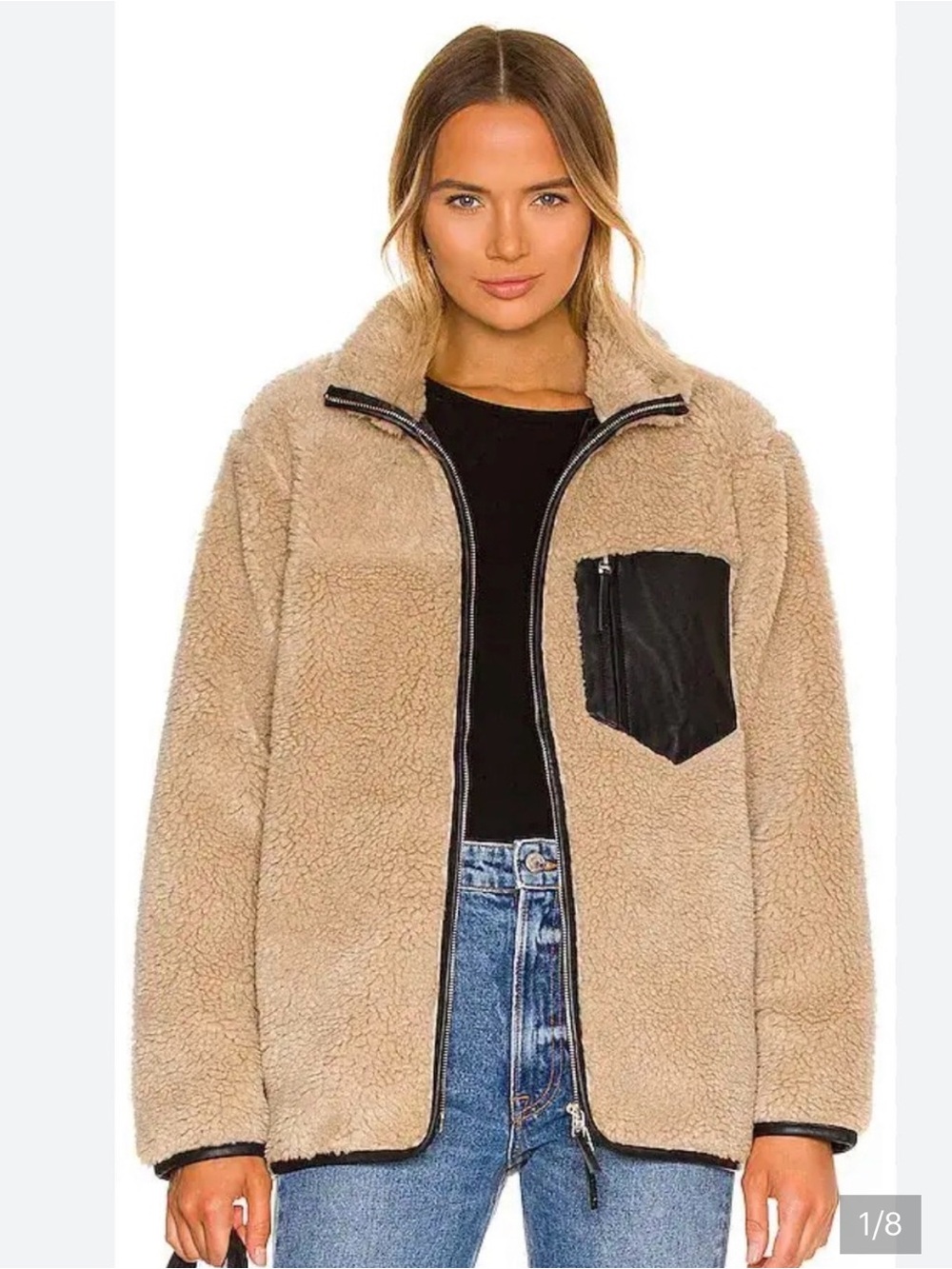 Anine Bing Camel Ryder Teddy Sherpa Puffer Jacket with Black Trim, size S